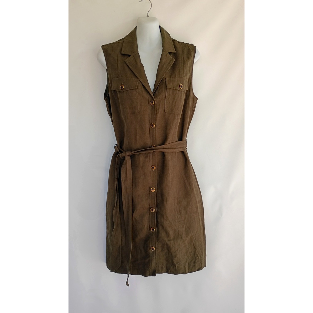 Banana Republic Olive Green Safari Sleeveless Linen Button Utility Shirt Dress 6